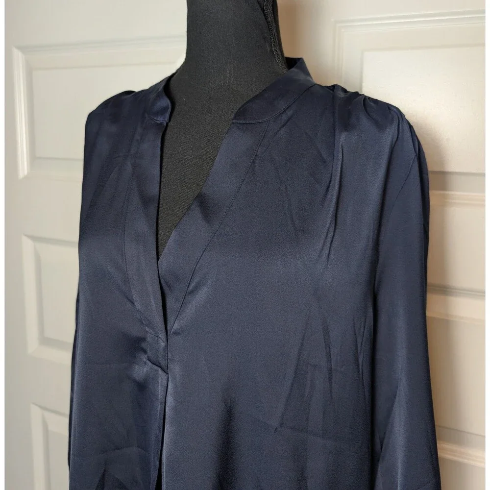 NWT Banana Republic Size XL Blouse Blue Satin Puff Volume Sleeve V-Neck Luxe $70